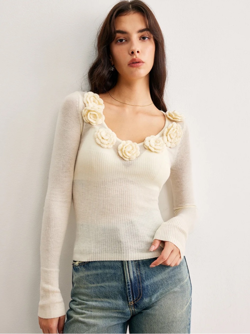 Commense SD Flower Semi Sheer knit top size Small NWT
